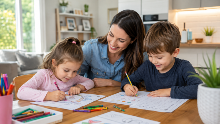 Kids doing screen-free printable activities at home with coloring pages and worksheets
