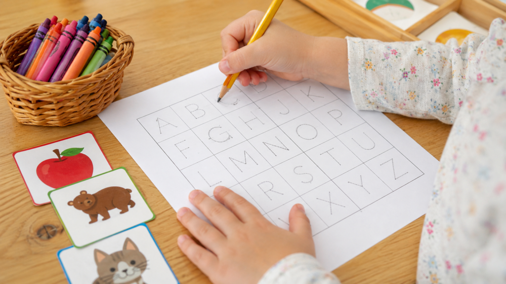 Child tracing letters on a printable alphabet worksheet with crayons and learning cards nearby.