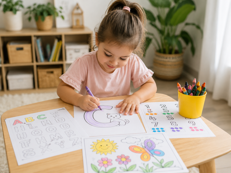 Preschool printable worksheets with crayons and learning cards