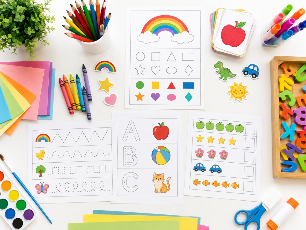 Preschool printable worksheets with crayons and learning cards