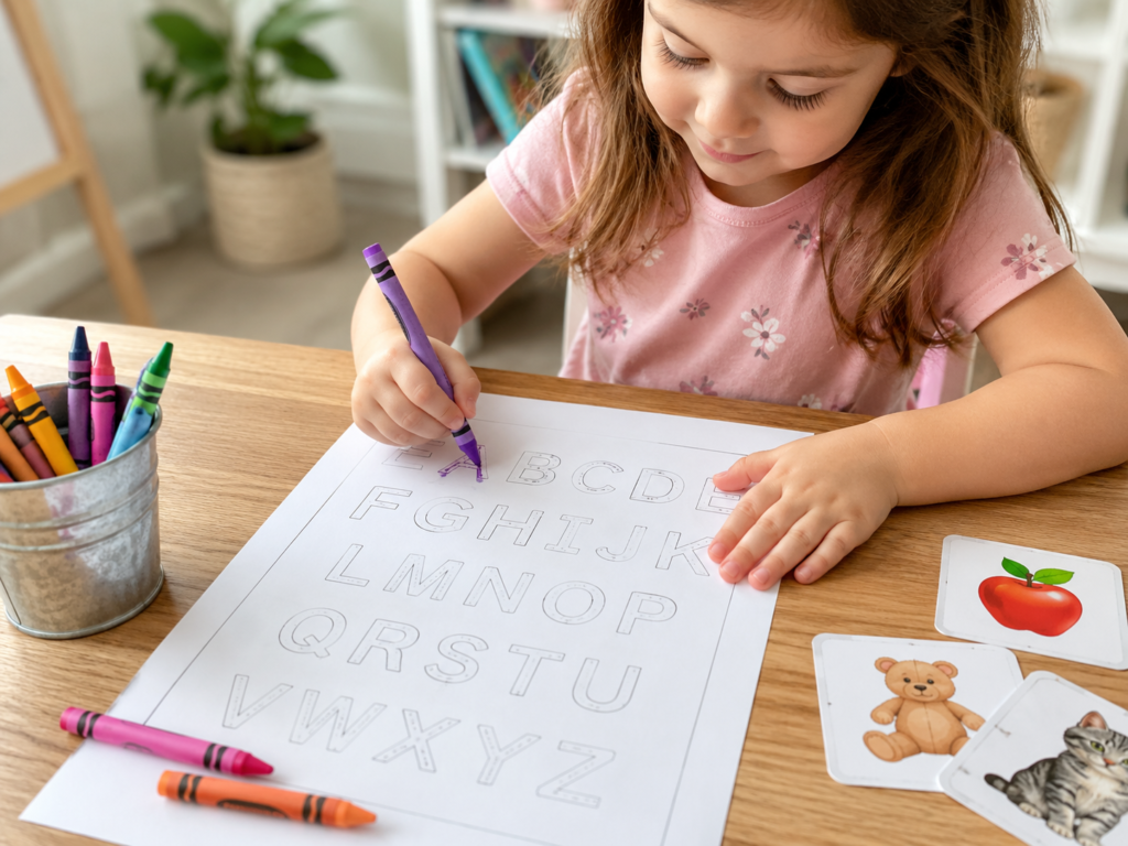 Preschool child tracing letters on a printable alphabet worksheet