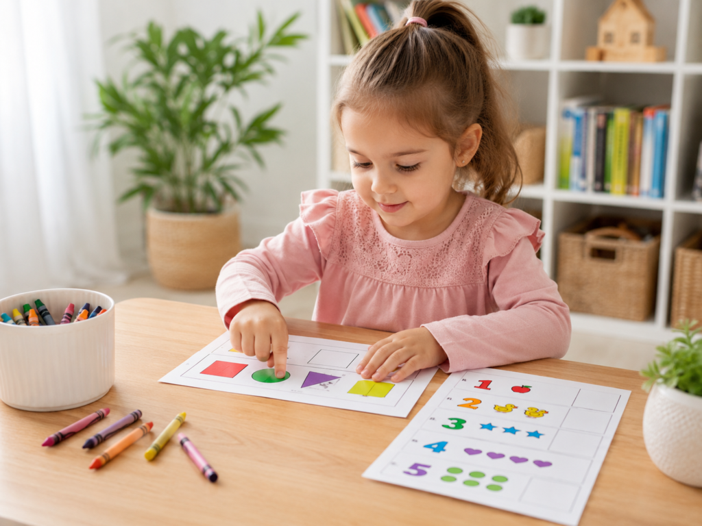 Preschool child using printable matching and number activities