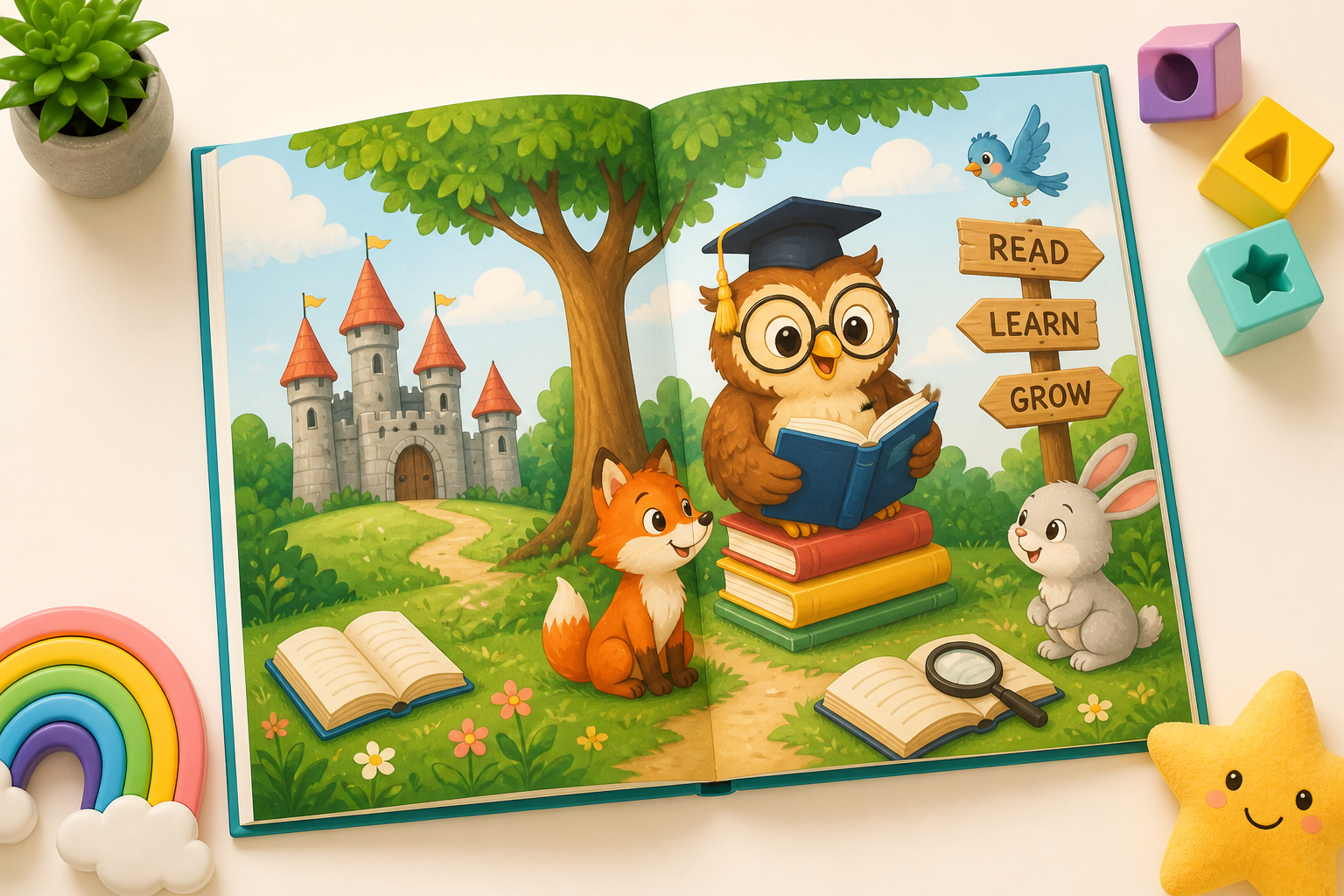 educational stories for kids, children storybook illustration, learning stories with animals and characters